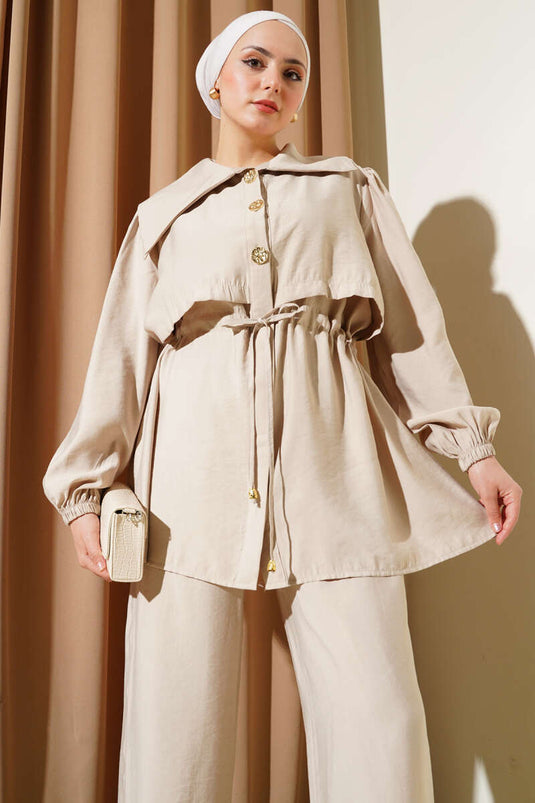 Bolero Detail Waist Tunnel Two Piece Set Beige