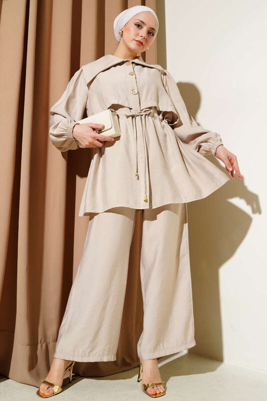 Bolero Detail Waist Tunnel Two Piece Set Beige