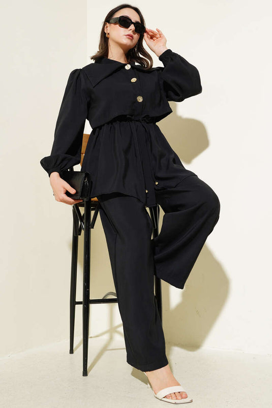 Bolero Detaylı Bel Tünelli İkili Takım Siyah