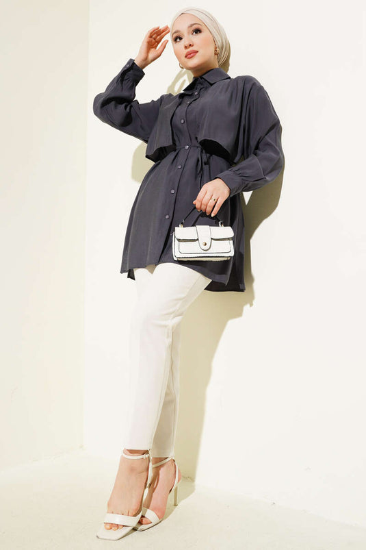 Bolero met detail en touwceintuur, Tencel overhemd, rokerig grijs