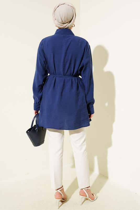 Bolero met Details en Koordceintuur Tensel Blouse Donkerblauw