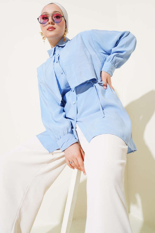 Camicia in Tencel blu con bolero e cintura a cordoncino