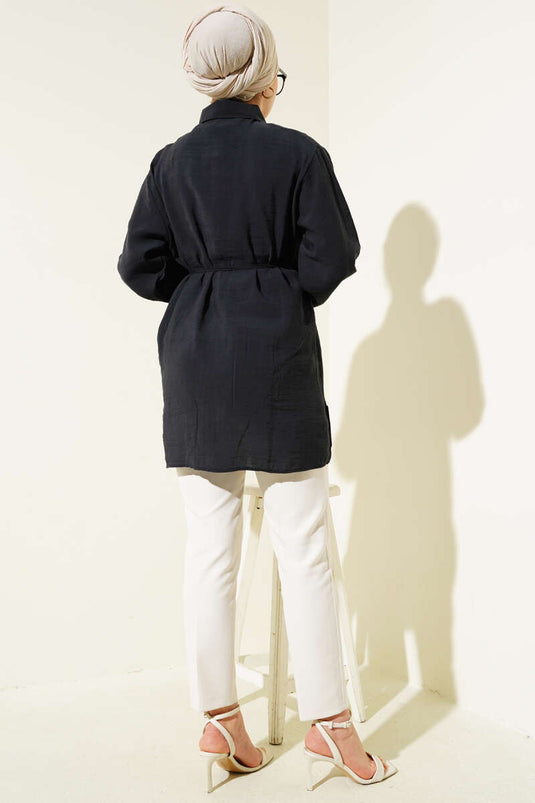 Chemise en Tencel noire avec boléro et ceinture à cordon