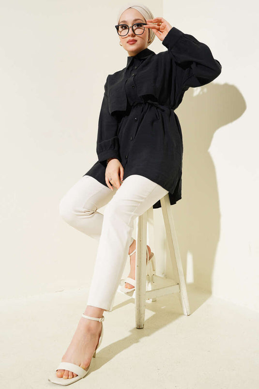 Chemise en Tencel noire avec boléro et ceinture à cordon