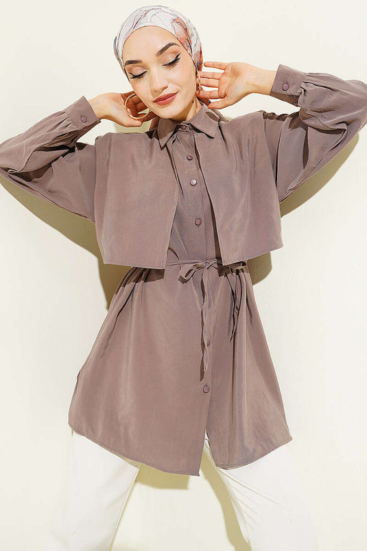 Chemise en tencel avec boléro, ceinture corde, couleur vison
