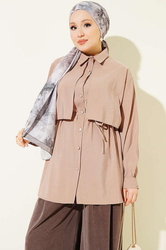 Tie-Belt Textured Mink Bolero Shirt In Taupe