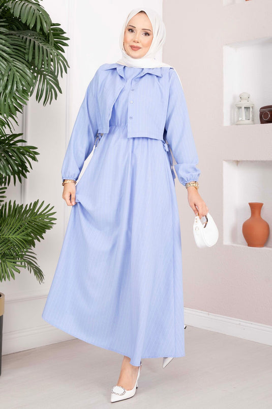 Ensemble robe à rayures avec boléro bleu bébé