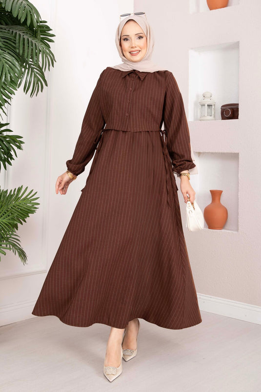 Striped Dress Set with Bolero Brown