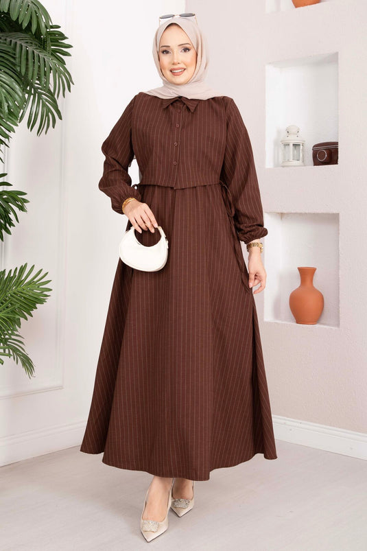 Striped Dress Set with Bolero Brown