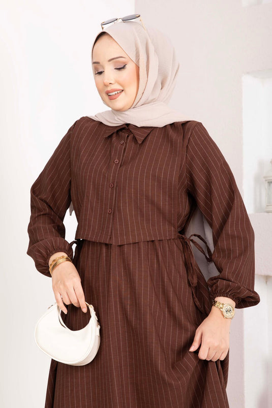 Striped Dress Set with Bolero Brown