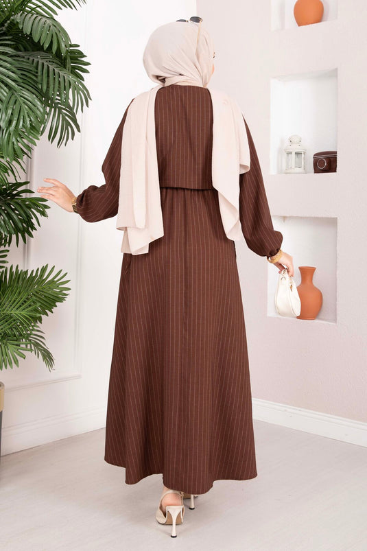 Striped Dress Set with Bolero Brown