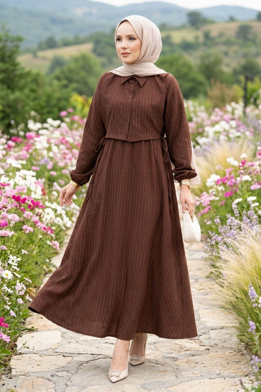 Striped Dress Set with Bolero Brown