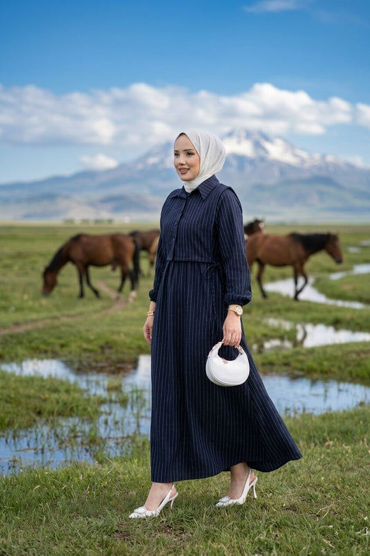 Ensemble robe à rayures avec boléro bleu marine