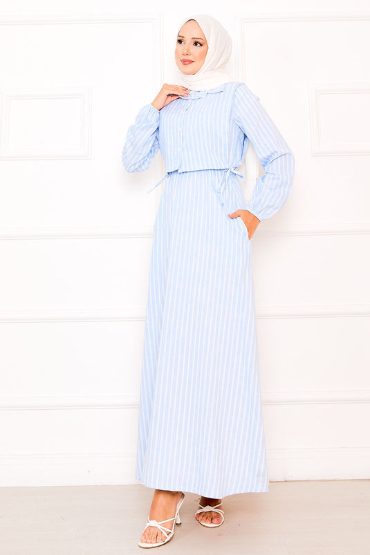Bolerolu Çizgili Tesettür Elbise Bebe Mavisi