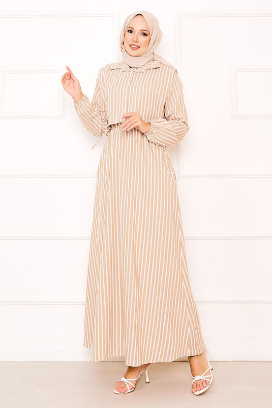 Beige Striped Hijab Dress with Bolero
