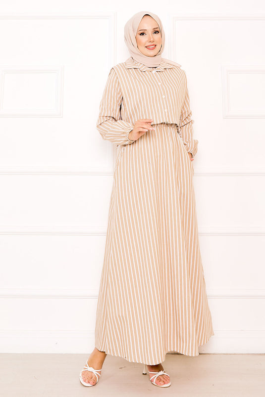 Beige Striped Hijab Dress with Bolero
