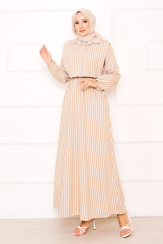 Beige Striped Hijab Dress with Bolero