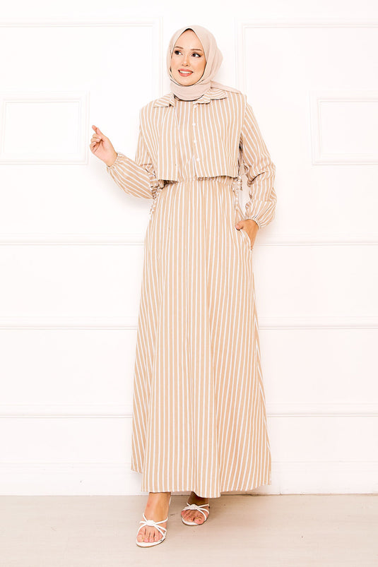 Beige Striped Hijab Dress with Bolero