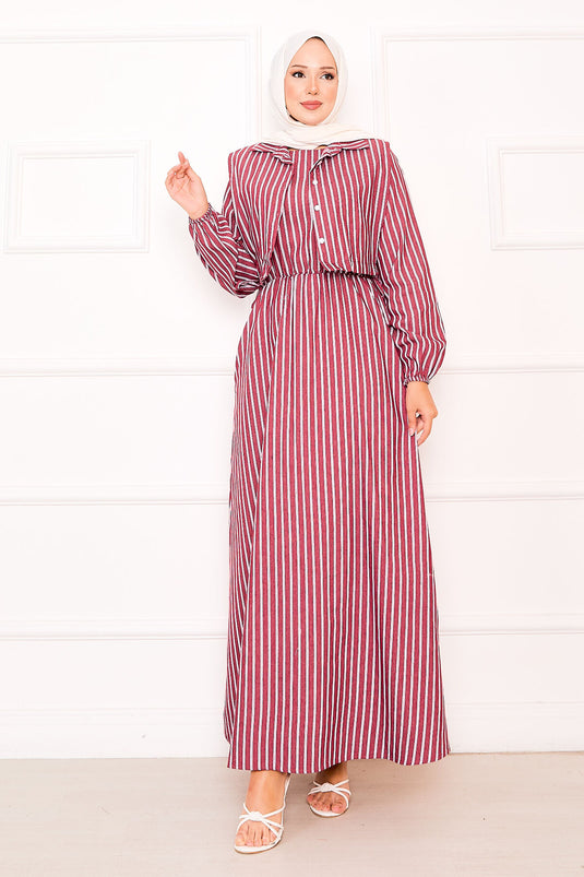 Burgundy Striped Hijab Dress with Bolero