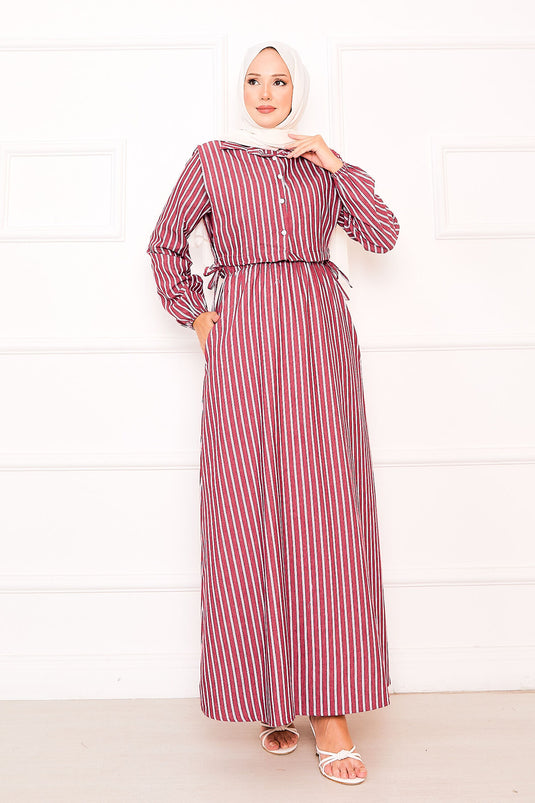 Burgundy Striped Hijab Dress with Bolero