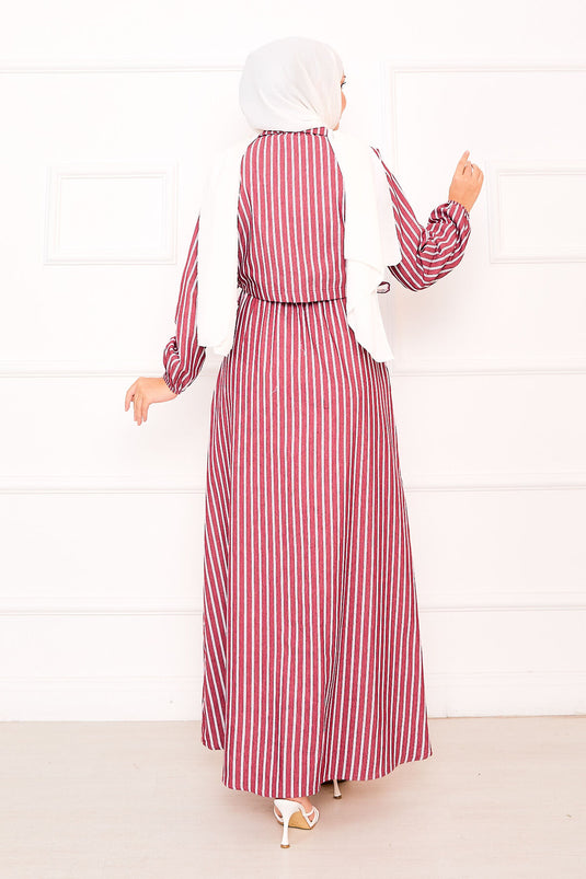 Burgundy Striped Hijab Dress with Bolero