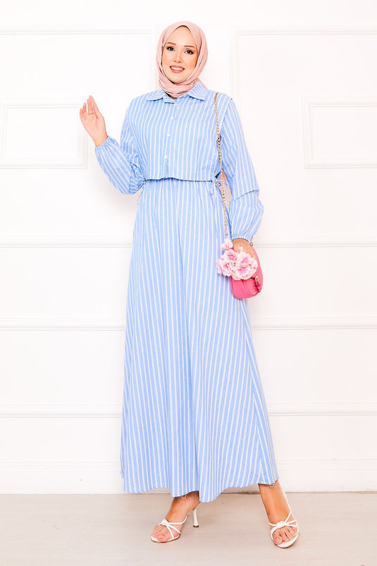Indigo Striped Hijab Dress with Bolero
