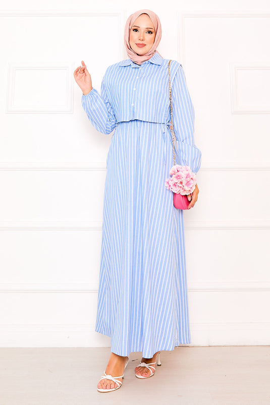 Indigo Striped Hijab Dress with Bolero