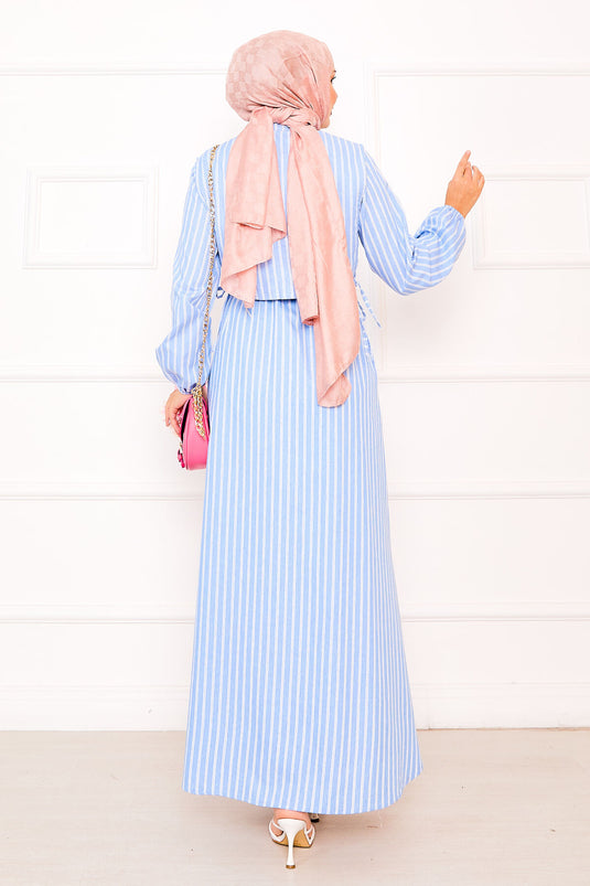 Indigo Striped Hijab Dress with Bolero