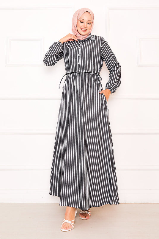 Bolerolu Gestreepte Bedekkende Jurk Zwart