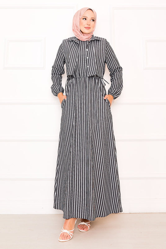 Bolerolu Gestreepte Bedekkende Jurk Zwart