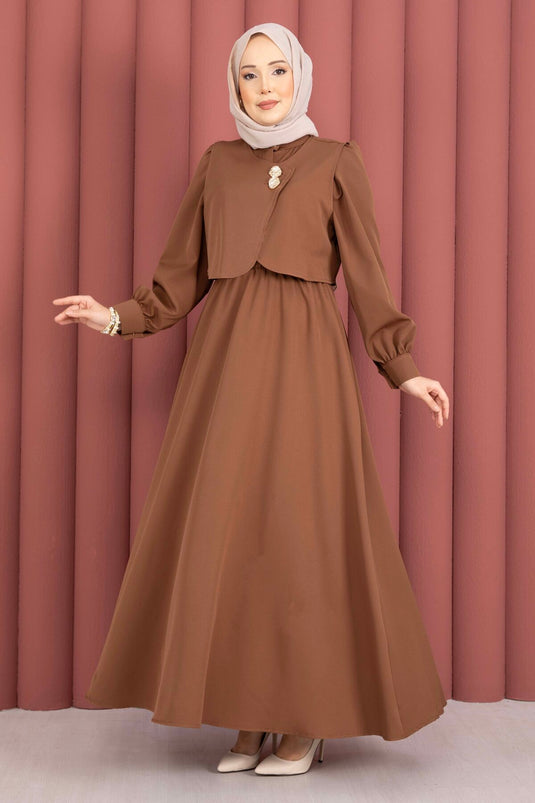 Bolerolu Gouden Knopen Jurk Set Bruin