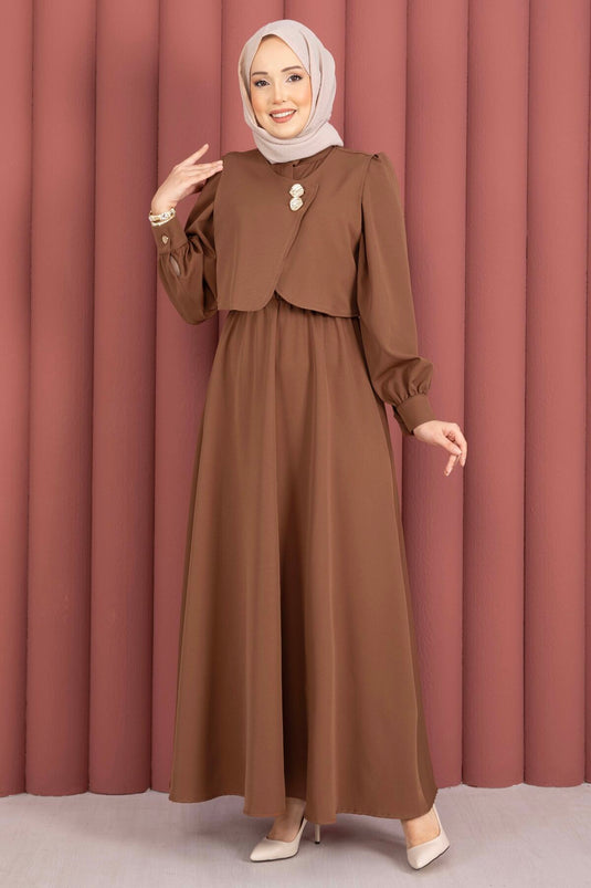 Bolerolu Gouden Knopen Jurk Set Bruin