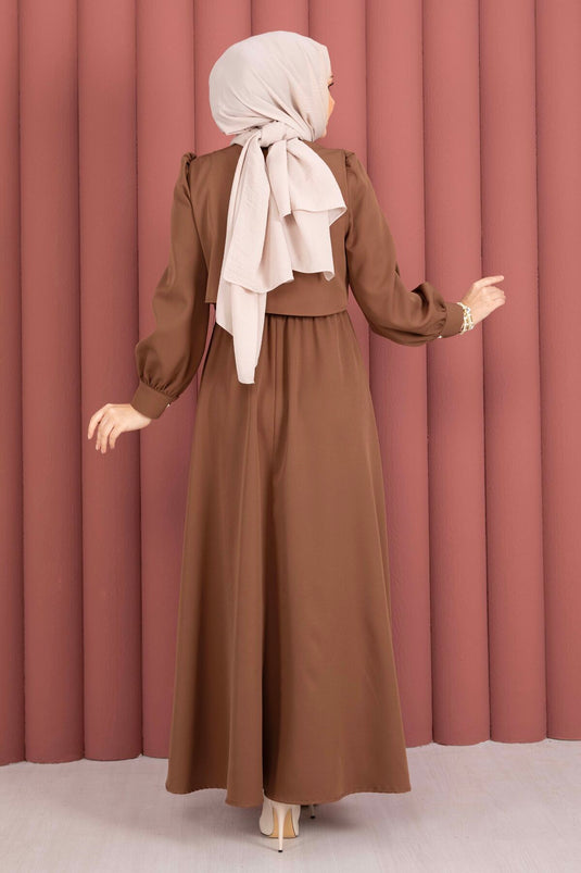 Bolerolu Gouden Knopen Jurk Set Bruin