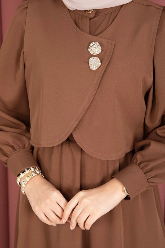 Bolerolu Gouden Knopen Jurk Set Bruin