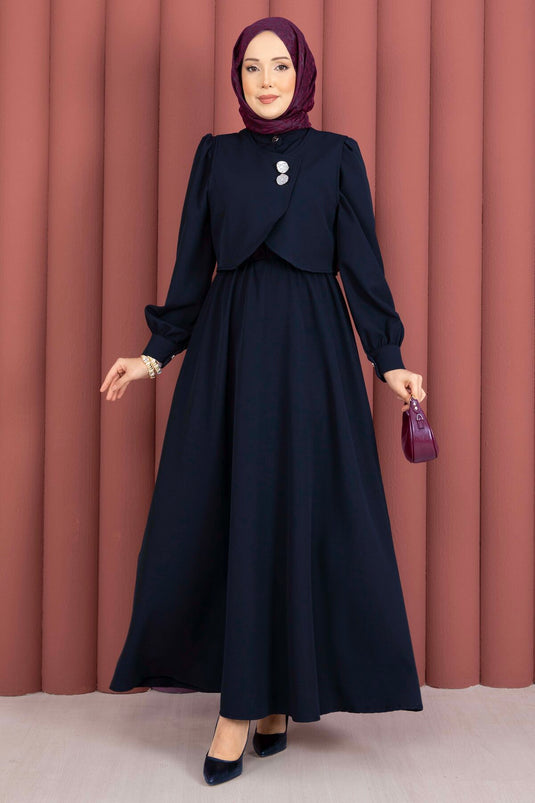 Bolerolu Gouden Knoop Jurk Set Donkerblauw