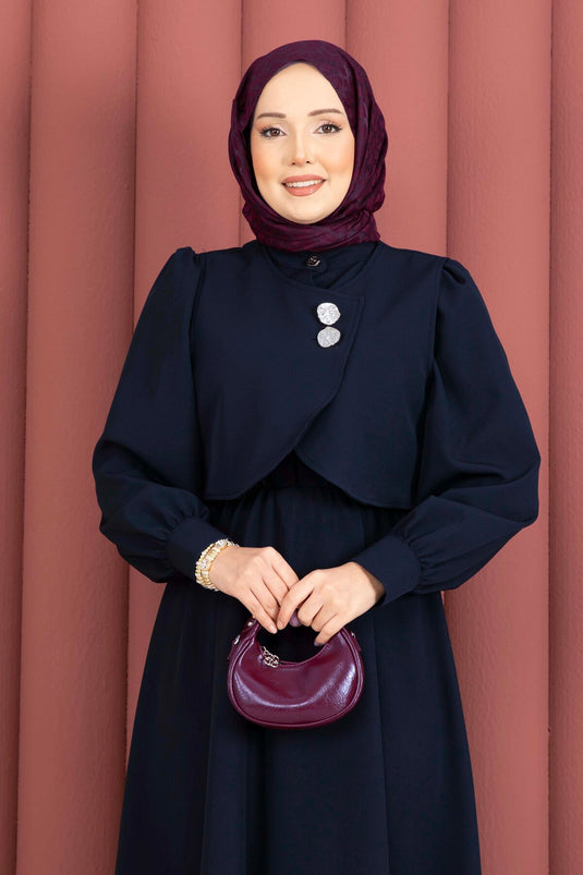 Bolerolu Gouden Knoop Jurk Set Donkerblauw