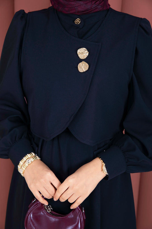 Bolerolu Gouden Knoop Jurk Set Donkerblauw