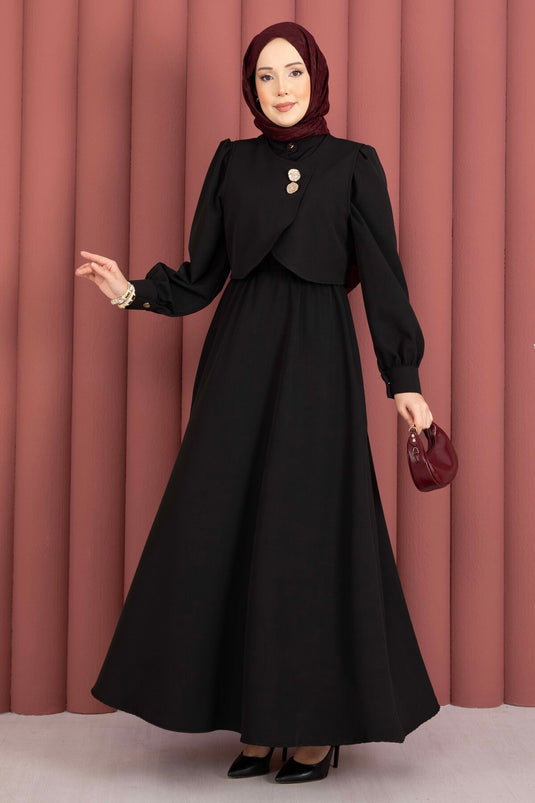 Bolerolu Gouden Jurk Set met Knopen Zwart