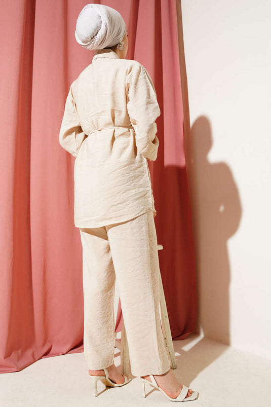 Bolero Gold Buttoned Two Piece Suit Beige