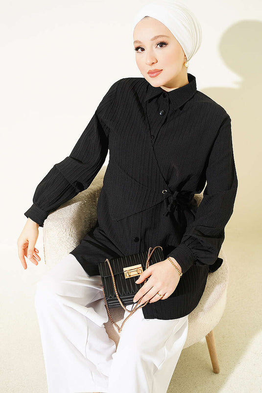 Camisa Con Lazo Negro Y Detalles De Atadura En Estilo Bolero
