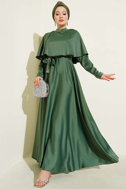 فستان سهرة ساتان مع بوليرون كاكي