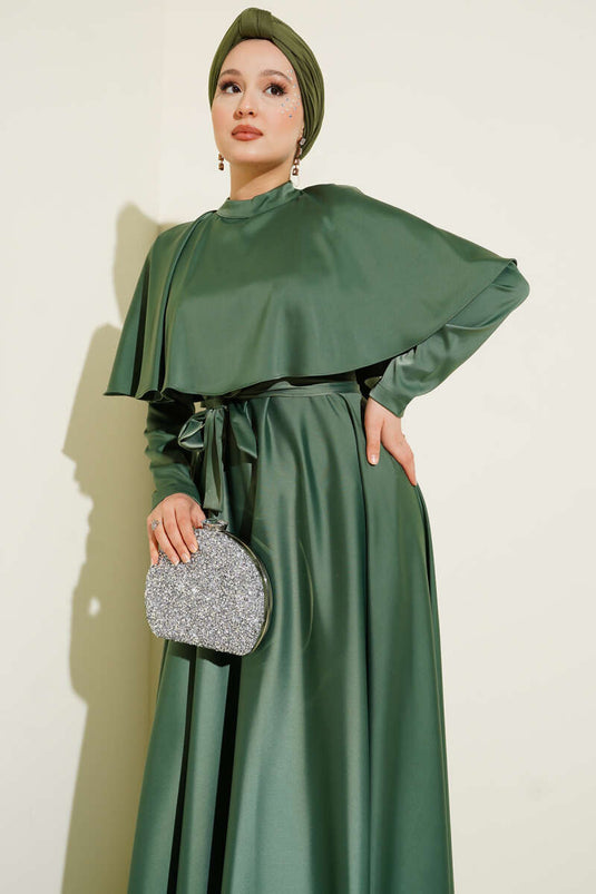 فستان سهرة ساتان مع بوليرون كاكي