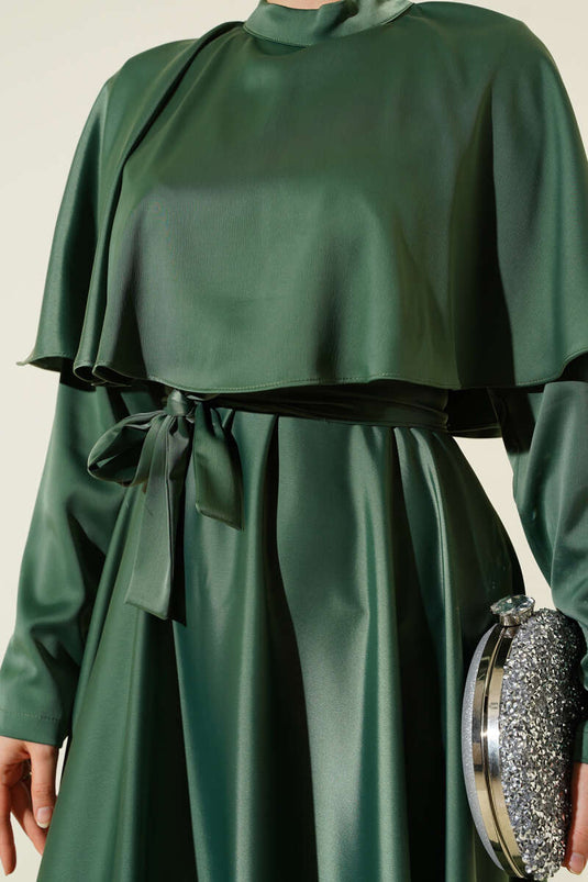 فستان سهرة ساتان مع بوليرون كاكي