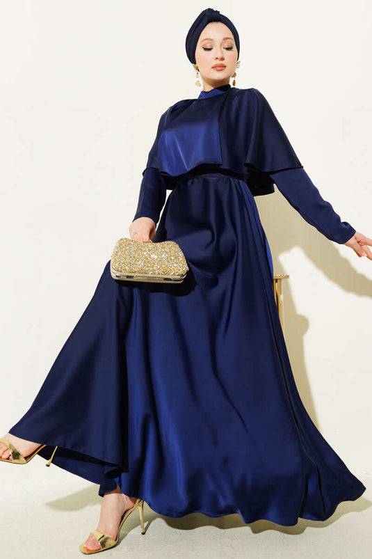 Satin Evening Dress with Boleron, Navy Blue