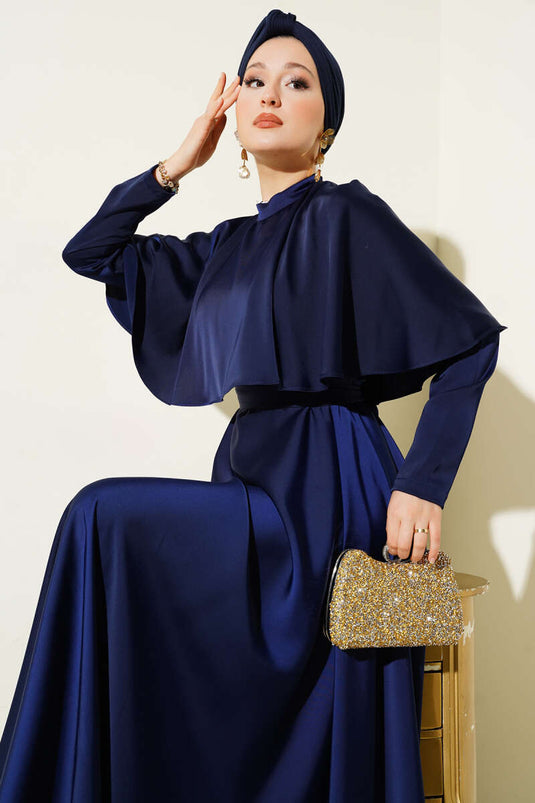 Satin Evening Dress with Boleron, Navy Blue