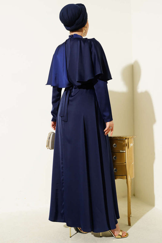 Satin Evening Dress with Boleron, Navy Blue