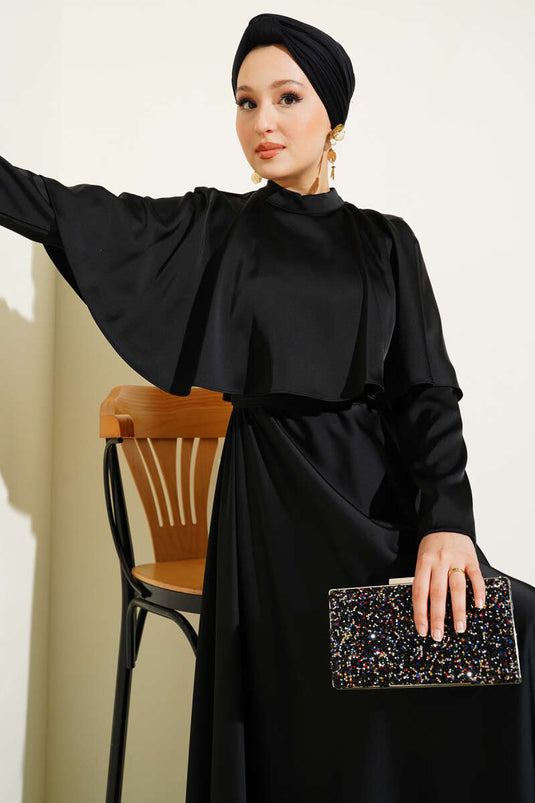 Satin Evening Dress with Boleron, Black