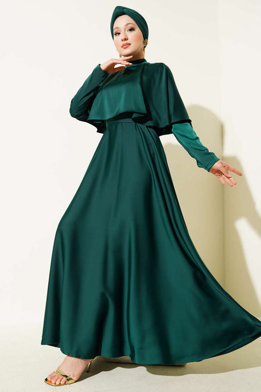 Emerald Satin Evening Dress with Boleron