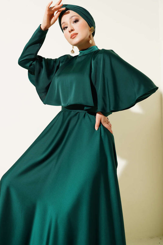 Emerald Satin Evening Dress with Boleron