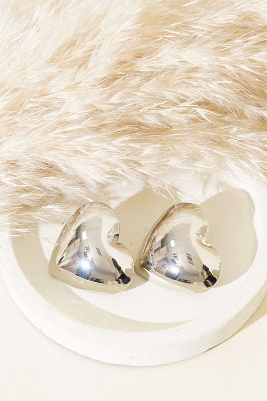 Boucles d'oreilles en forme de grand cœur bombé argentées